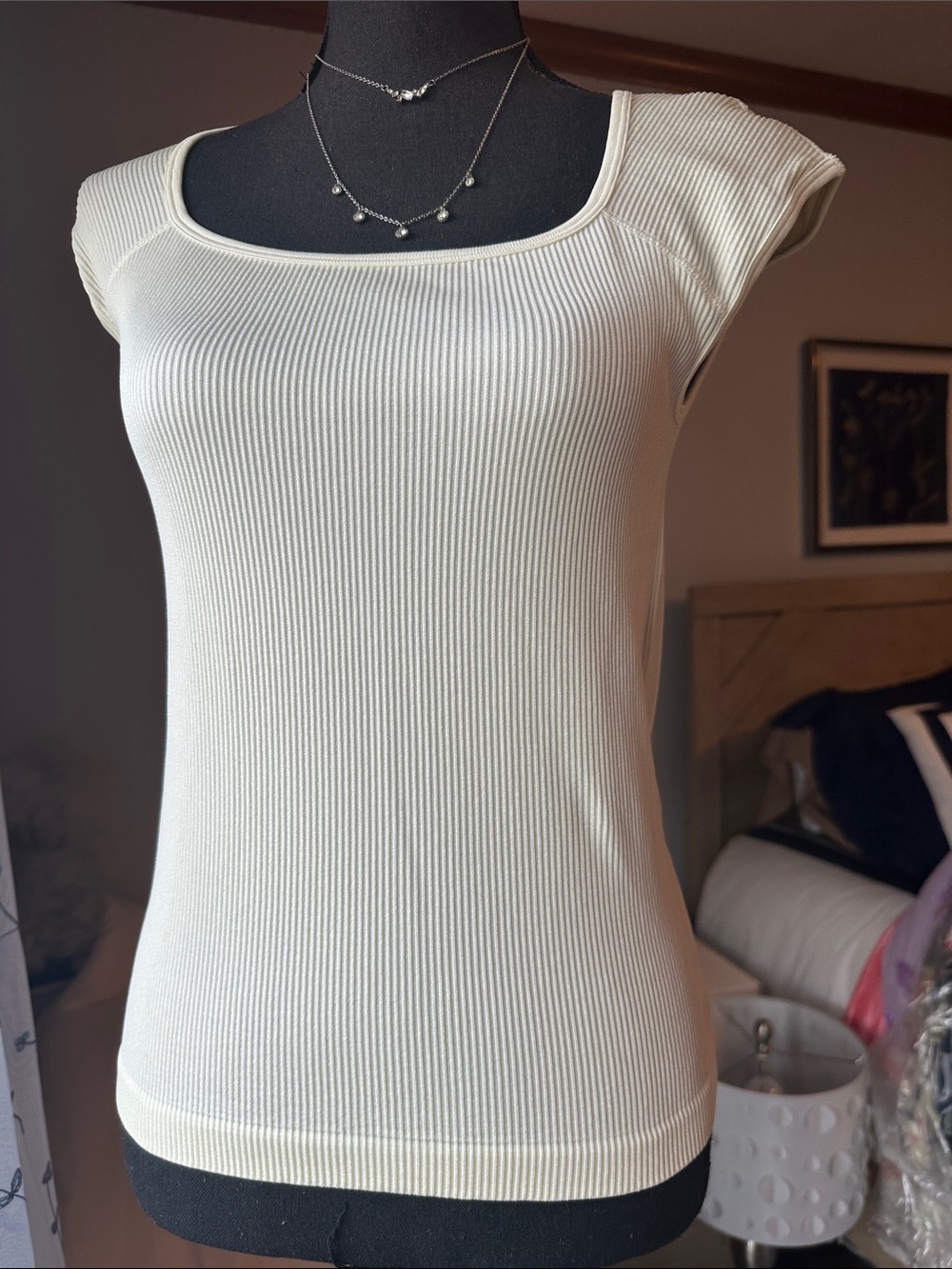 nine britton Ribbed Square Neck Cap Sleeve Tank - Cream